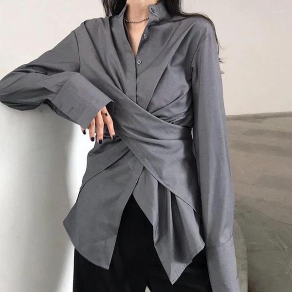 Blusas de mujer MEXZT Elegante Irregular Mujer Gris Vendaje Camisas de manga larga Oficina Señora Coreana Streetwear Stand Collar Casual Tops