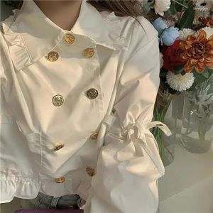 Blouses des femmes MEXZT ELEGANT WHITE Shirts Femmes Femmes coréens Bandage Crops Crops Vintage Sweet Flare Long Sleeve Double Breasted Slimted