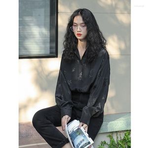 Blouses Femmes MEXZT Vintage Satin Chemises Femmes Harajuku Floral Imprimer Manches Longues Coréen Streetwear Rétro Surdimensionné Lâche Casual Tops