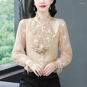Dames blouses miiiix Koreaanse mode 2024 lente ruche rand lange mouwen shirt vaste zoete flare mouw shirts vrouwelijke kleding