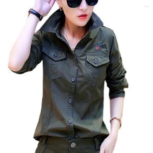 Blusas de mujer estilo militar mujer verde militar bordado camisa de manga larga 2023 primavera cuello vuelto camisas casuales con charreteras