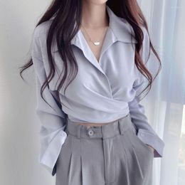 Damesblouses mingliusili vintage korte dames shirt Koreaanse stijl elegante lange mouw blusa feminina solide ontwerpknopen veter blauw