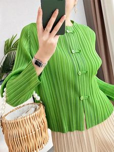 Women's Blouses Miyake geplooide Chinese knop Single Breasted Shirts Women Solid Color 2023 Herfst Winter Casual vrouwelijke designer kleding