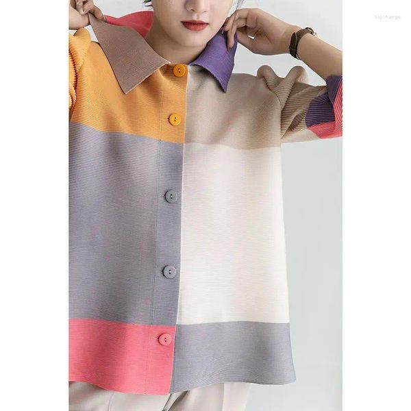 Miyake – veste Cardigan plissée à blocage de couleur pour femme, chemisier à simple boutonnage, ample, grande taille, Slim, à la mode, Style coréen