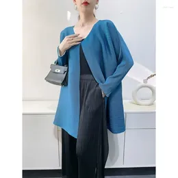 Blusas de Mujer Miyake Abrigo Suelto Plisado Cárdigan Mediano Largo Manga Doble Capa Camisa Informal cómoda