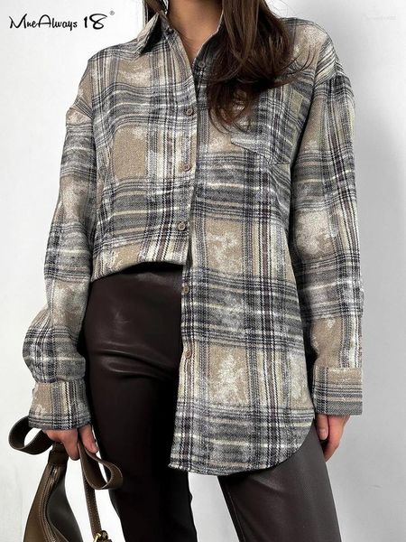 Blouses Femmes Mnealways18 Street Oversize Vintage Vichy Femmes À Manches Longues Chemises Classiques Poche Casual Dames Plaid Tops Printemps 2024