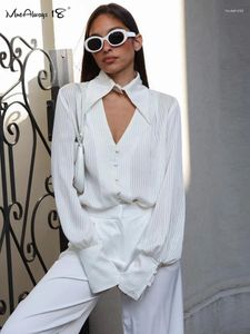 Blusas de mujer Mnealways18 Jacquard blanco Sexy Mujeres Rayas Camisas Solapa Recorte de un solo pecho y tops Office Ladies Pink Stripe 2024