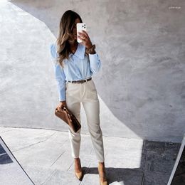 Blusas de mujer Moarcho camisa de mujer Color sólido solapa Puff manga de un solo pecho fino verano Tops Slim-Fit Casual Oficina Formal 2022