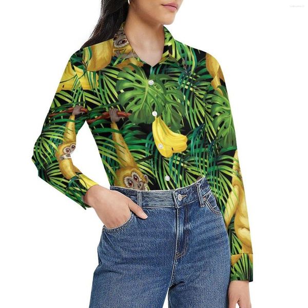 Chemisiers pour femmes Chemisier Imprimé Singe Banane Tropicale Jungle Joli Motif Femme À Manches Longues Chemise Décontractée Automne Vêtements Surdimensionnés