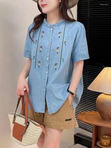 Women's Blouses Mori Kei Kleding Jeugd Vrouw Vrouw Japan Stijl Borduurwerk Blue Denim Blouse Summer Cotton Stand Collar Jean Shirts Tops