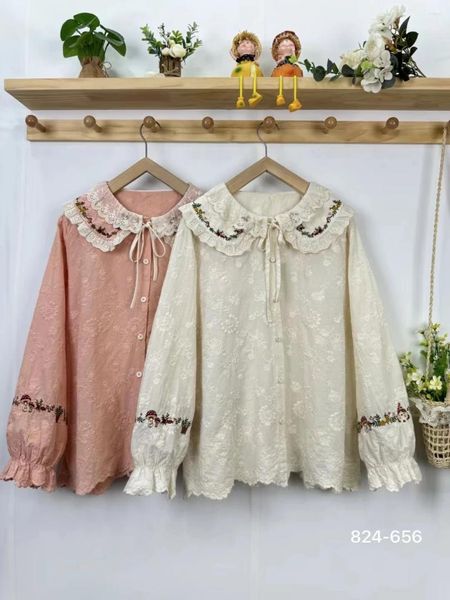 Blouses pour femmes Mori Sweet Double Layer Doll Collar Brodemery Lace Shirt Loose Long Sleve Top