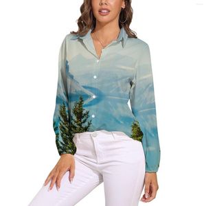 Blusas de mujer Montañas Blusa suelta Árbol y lago Ropa informal con impresión Camisas retro de manga larga de gran tamaño para mujer Ropa gráfica de otoño