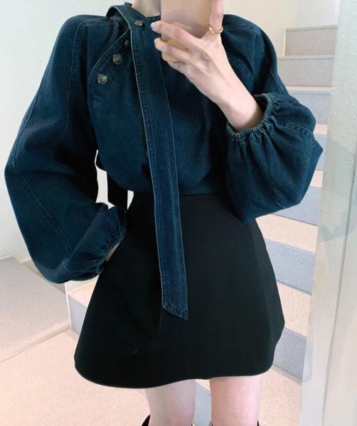 Blouses pour femmes Moyizif coréen Instagram chemise 2024 printemps style rétro col rond design sens cravate noeud chemises en jean haut vêtements féminins