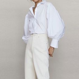 Blusas de mujer MUICHES Camisas casuales de algodón con manga de linterna Mujer Cuello vuelto Blusa suelta de un solo pecho 2023 Estilo francés Vantage