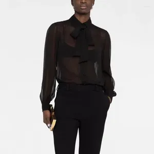 Women's Blouses Mulberry Silk Fluttering Ribbon Licht transparante blouse Fashion Sexy Black Top Hoge kwaliteit Y2K 2024 Zomer