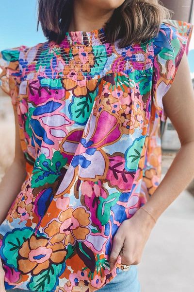 Blusas de mujer Multicolor Estampado floral Mangas de aleteo Blusa de cuello ahumado Mujeres Casual Camisetas suaves Mujer Harajuku Mujer Top Trajes