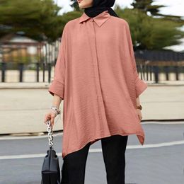 Dames blouses moslim hijab blouse kalkoen dubai long tops vintage dames revers nek mouw shirt vaste blusa's islamitische kleding abaya