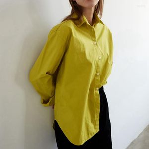 Blouses pour femmes couleur jaune moutarde coton ample pour les femmes mode 2023 luxe ourlet incurvé à manches longues printemps chemises décontracté quotidien hauts