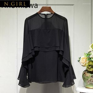 Women's Blouses N Girls 2023 Koreaanse stijl Chiffon blouse vrouwen ruches o nek lange mouw shirts enigszins transparante all-match chic tops