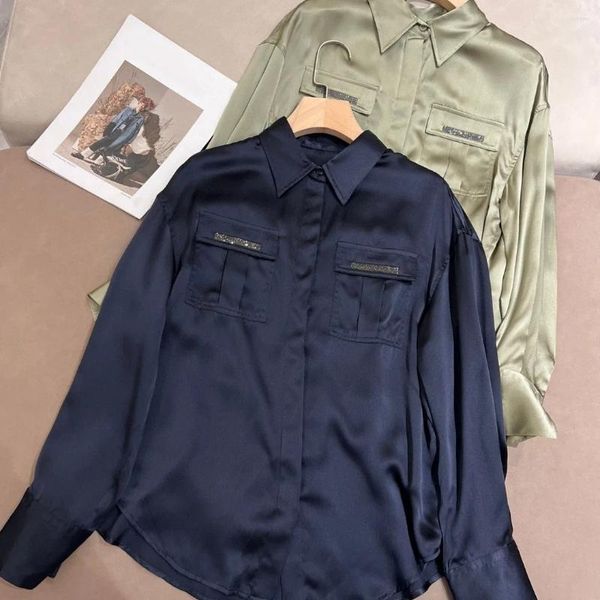 Blouses pour femmes Naizaiga 100 Mulberry Silk Pocket Pocket Navy Blue Green Long Sleeve 2024 Spring Women Shirt Cardigans NHPL3