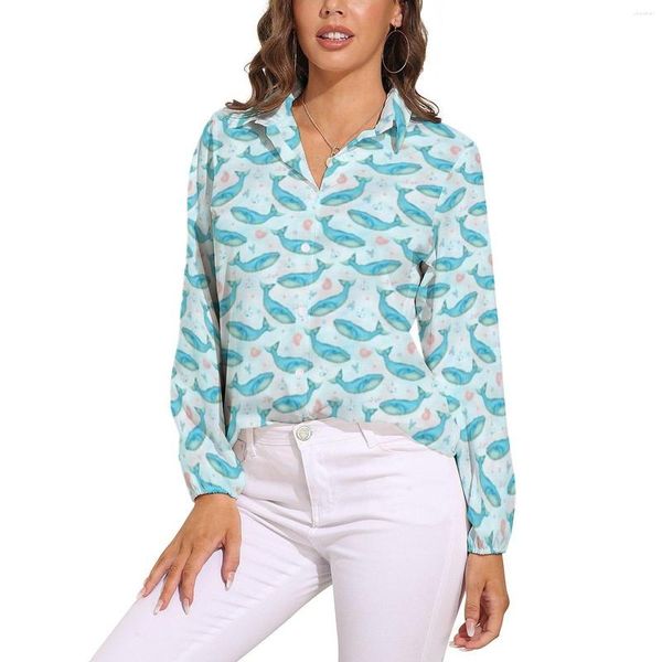 Blusas de mujer Blusa de playa de océano náutico Manga larga Ballena azul Retro Mujeres Camisa clásica de gran tamaño Impreso Top Idea de regalo