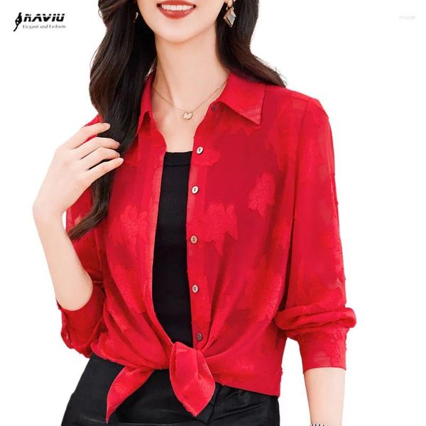 Blusas de mujer NAVIU Camisa roja de jacquard de moda para mujer 2024 Diseño de primavera Malla Sunscree Tops casuales Blusa suelta de viaje Negro