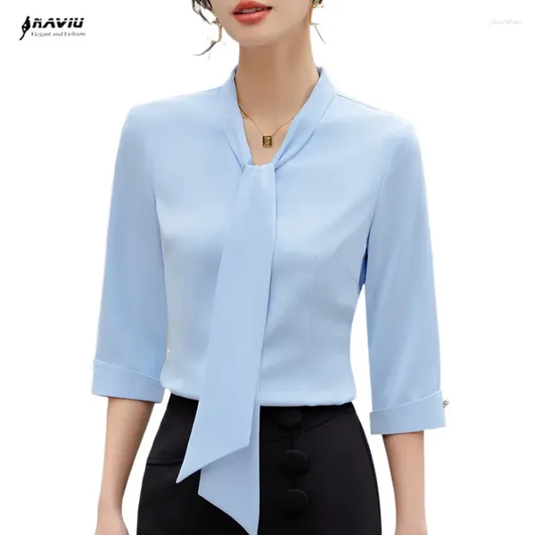 Blusas de mujer NAVIU Formal Mujer Azul Media Manga Oficina Moda Señoras Ropa de Trabajo Camisa OL Estilo Pajarita Elegante Tops Blanco Rojo