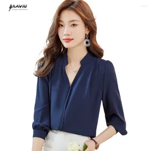 Blouses Femmes Naviu Bleu Marine Chemise Femmes Automne Haut De Gamme Tempérament Col V Professionnel Formelle Bureau Dames Travail Tops Blanc