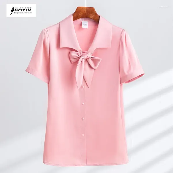 Blusas de mujer NAVIU Satén Mujer Verano Llega Arco Suelto Ropa exterior Camisa de manga corta Rosa Blanco