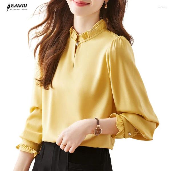 Blusas para mujeres NAVIA Spring Ruffle Neck Satin Women 2024 Elegante Botón Single Single Camisas de manga larga transpirable Tops Blanco amarillo