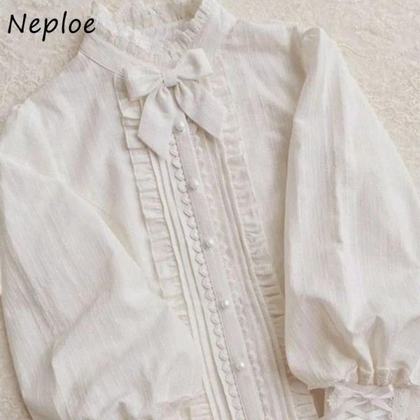 Blouses des femmes Neploe 2024 Spring Lolita Shirts blancs Femmes Sweet Ruffles Bow Lace Blusas Mujer Y2K HARAJUKU PUFF