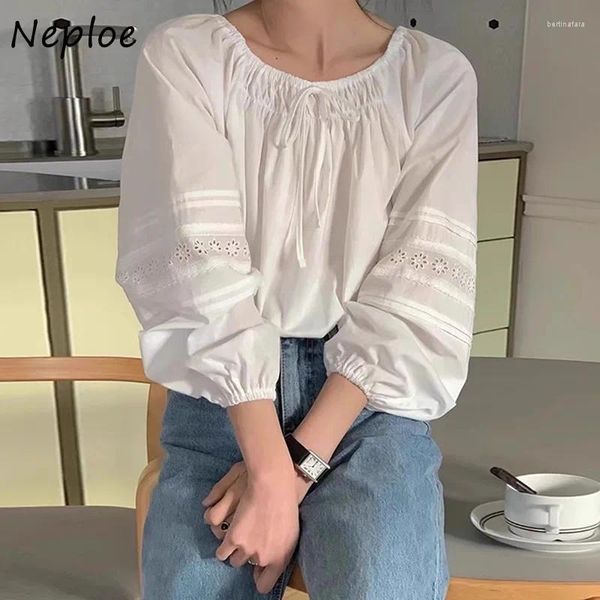 Blouses des femmes Neploe 2024 Spring O-Leck Lace Up White Shirts Women Loose Hollow Out Blusas Mujer Y2K Manches longues à manches longues