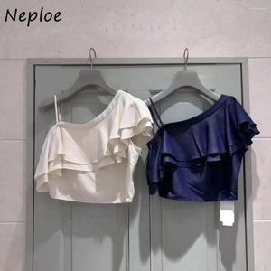 Blouses des femmes Neploe Elegant Skew Collar Slash Butterfly Sleeve Blusas Off épaule Sweet All-Match Japan Ruffles Sling