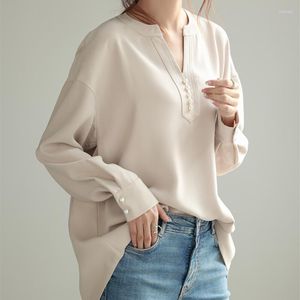 Women's Blouses Neplean Koreaanse V-hals kralen lange mouwen Japan temperament losse vaste kleur shirts 23 veer comfortabele casual tops