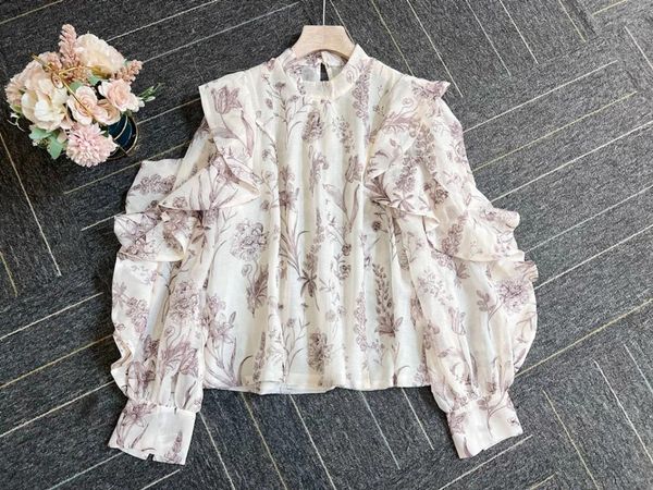 Blouses pour femmes Neploe mince fée à manches longues chemise rétro japon imprimé tempérament à volants Blusa Feminina 2023 printemps coupe ajustée dos ouvert