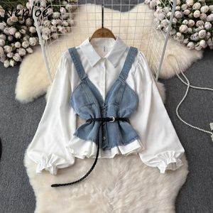 Blouses pour femmes Neploe vintage Chic Puff Sleeve White Shirts Femme Y2k Slim Fit Blue Denim Camisole Tops 2024 Spring Two Piece Sett