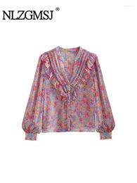 Blusas de mujer Nlzgmsj TRAF moda mujer con volantes camisas con estampado floral Vintage manga larga suelta femenina Chic Tops