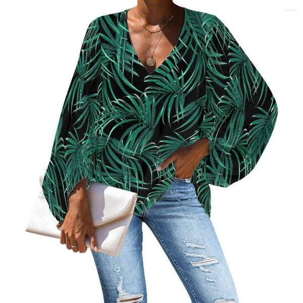 Blusas de Mujer Noisydesigns Cool mujeres estilo hawaiano patrón 2022 verano gasa cuello en V Tops camisas suelta linterna manga larga Mujer