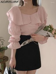Blouses Femmes Nomikuma Coréen Chic Printemps Doux Lotus Feuille Bord Col Carré Plié Causal Flare Manches Chemise Pour Femmes Blouse Tops