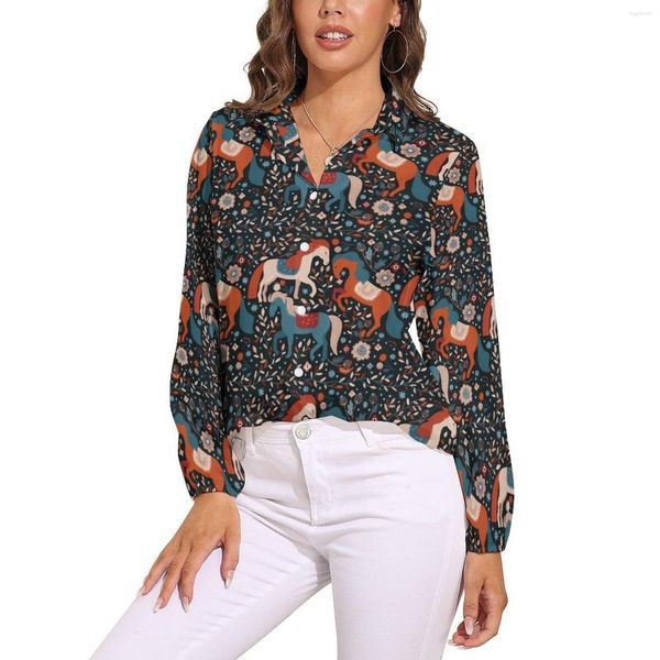 Blusas de mujer Blusa de caballo nórdico Vintage Animal Moderno Personalizado Mujeres de manga larga Ropa de calle Camisas Primavera Oversize Top