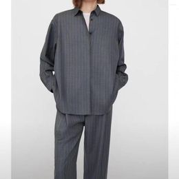 Chemisiers femme nordique fourre-tout gris fines rayures col pointu laine Silhouette chemise à manches longues ample 2023