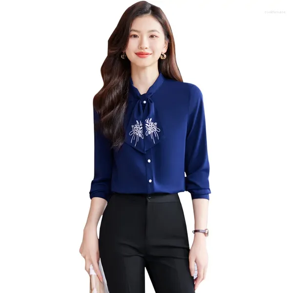 Blusas de mujer Novedad Azul Marino Estilos OL Moda Camisas de manga larga para mujeres Ropa de trabajo de negocios Blusa Tops femeninos Ropa Blusas