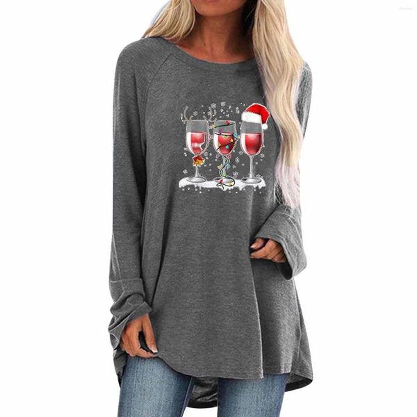 Blusas para Mujer, Tops cortos de manga larga con cuello redondo, camisas Harajuku para Mujer y Ropa Sexy para Mujer, camisa con estampado de botella de vino de Navidad de última Moda