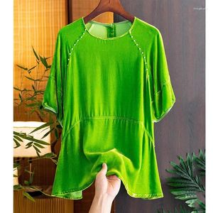Damesblouses O-hals Zijde Fluweel Groen Half Mouw Shirt Voor Vrouwen 2024 Herfst Vintage Parel Decoratie Losse Top S-XXL