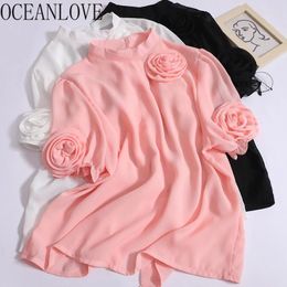 Blouses des femmes Oceanlove 3d fleurs femmes tops solide printemps été élégant blusas mujer coréen mode rétro sweet stand cols chemises