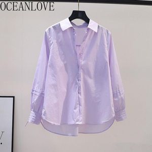 Vrouwen Blouses OCEANLOVE Blusas Mujer Lente Herfst Effen Koreaanse Mode Toevallige Lange Mouwen Vrouwen Tops Losse Roze Elegante Shirts