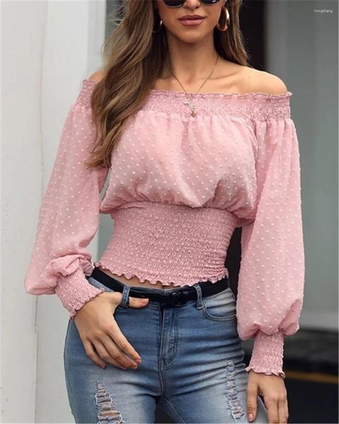 Blusas de Mujer, camisa de gasa con hombros descubiertos, Top ajustado informal de manga larga, Blusas Blancas puras de otoño para Mujer Elegantes Y...