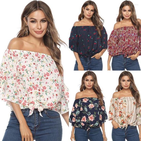 Blusas de mujer con hombros descubiertos, ropa de verano de media manga, blusa con dobladillo atado con volantes y estampado de cereza Floral para mujer