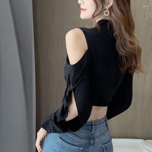 Women's Blouses Off Schouder Hollow Out Gothic Elegante shirts Zwart sexy korte dame-shirt veter vaarte veter knop Koreaanse mode