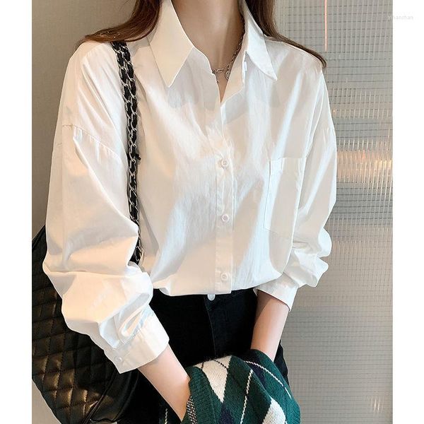 Blusas de mujer de oficina para mujer, camisa blanca sólida con solapa abotonada, Top de manga larga con bolsillo para mujer, ropa de fondo holgada informal de gran tamaño